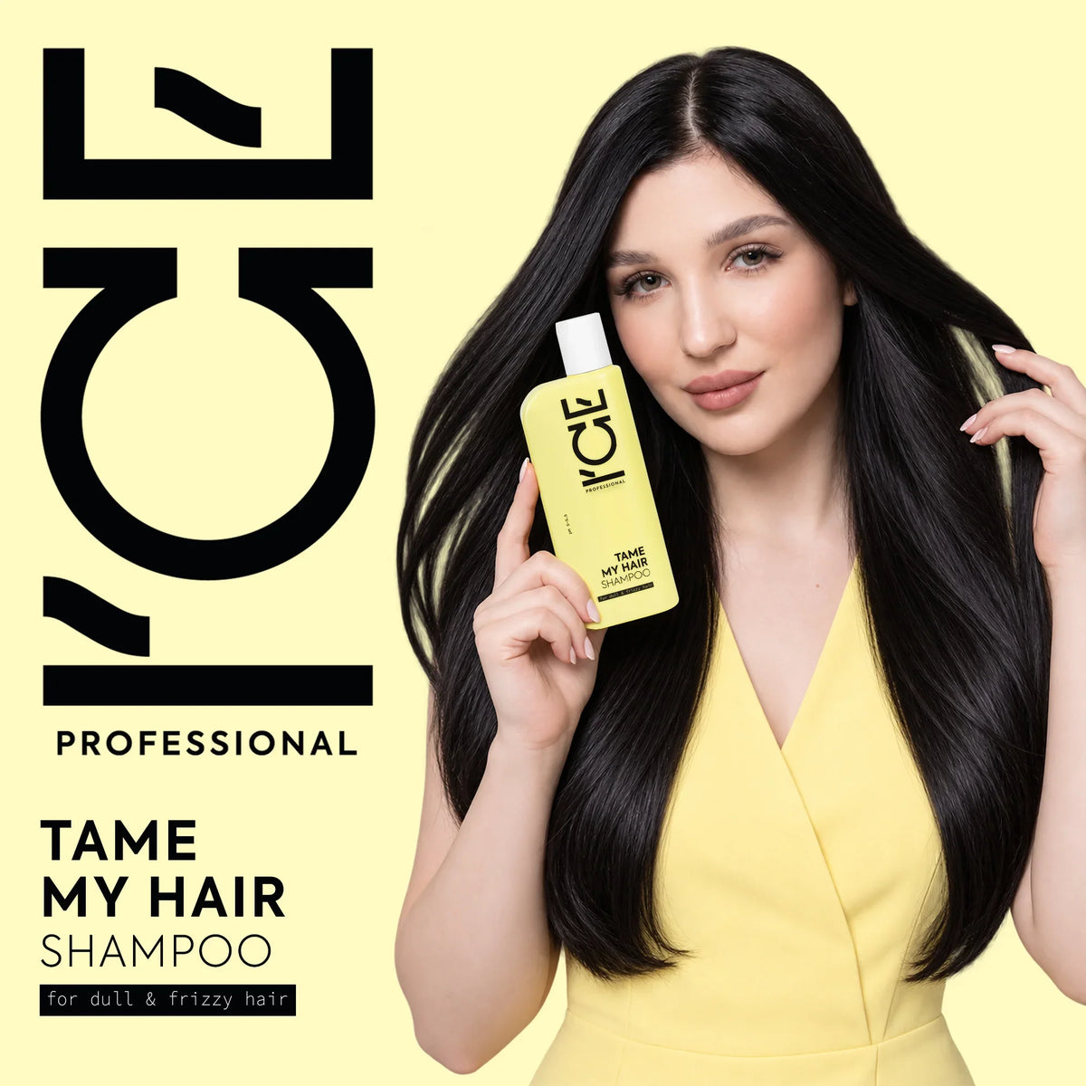 Woman holding I'ce Professional Tame My Hair Shampoo for dull and frizzy hair.