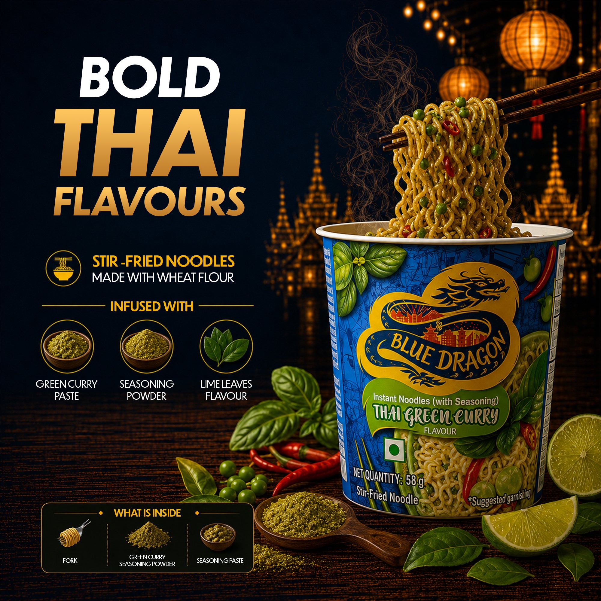 Blue Dragon Thai Green Curry instant noodles with ingredients and text on a dark background