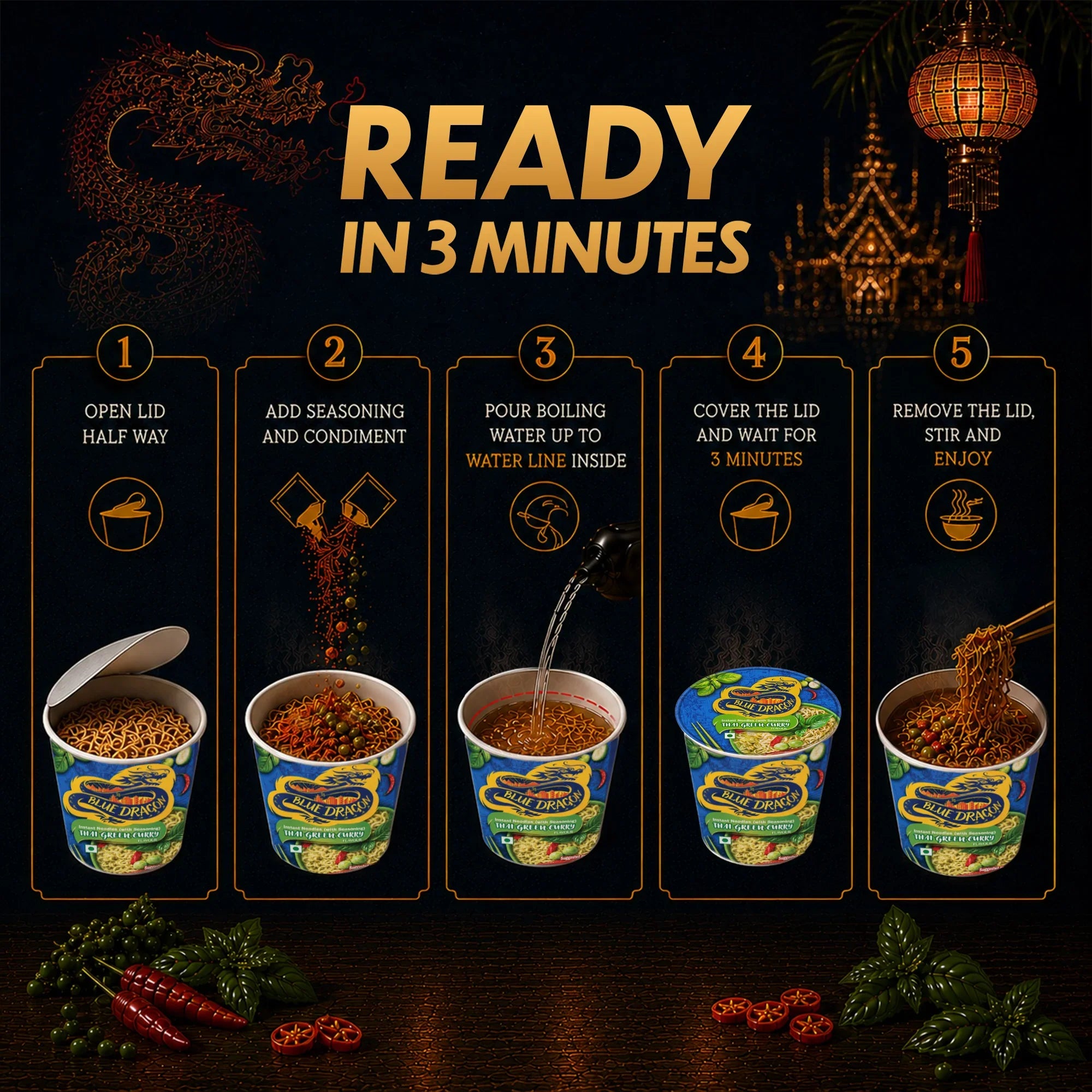 Blue Dragon Thai Green Curry instant noodles preparation steps, ready in 3 minutes with vibrant spices and herbs.