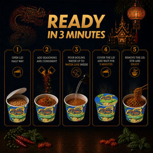 Blue Dragon Thai Green Curry instant noodles preparation steps, ready in 3 minutes with vibrant spices and herbs.