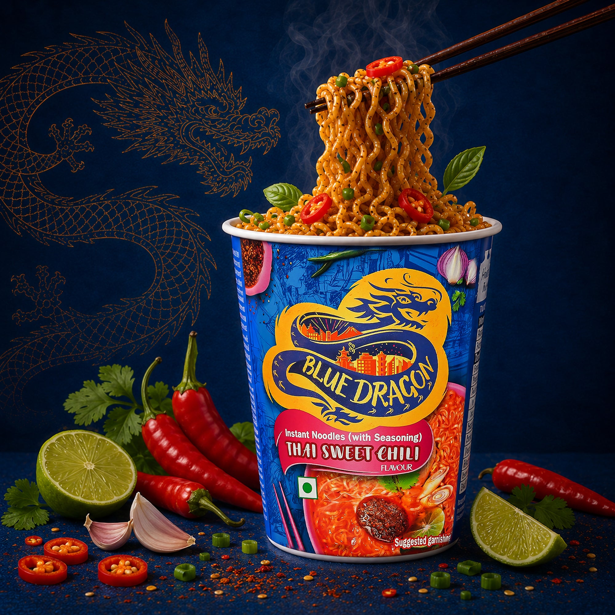 Cup of Blue Dragon instant noodles with ingredients on a dark background