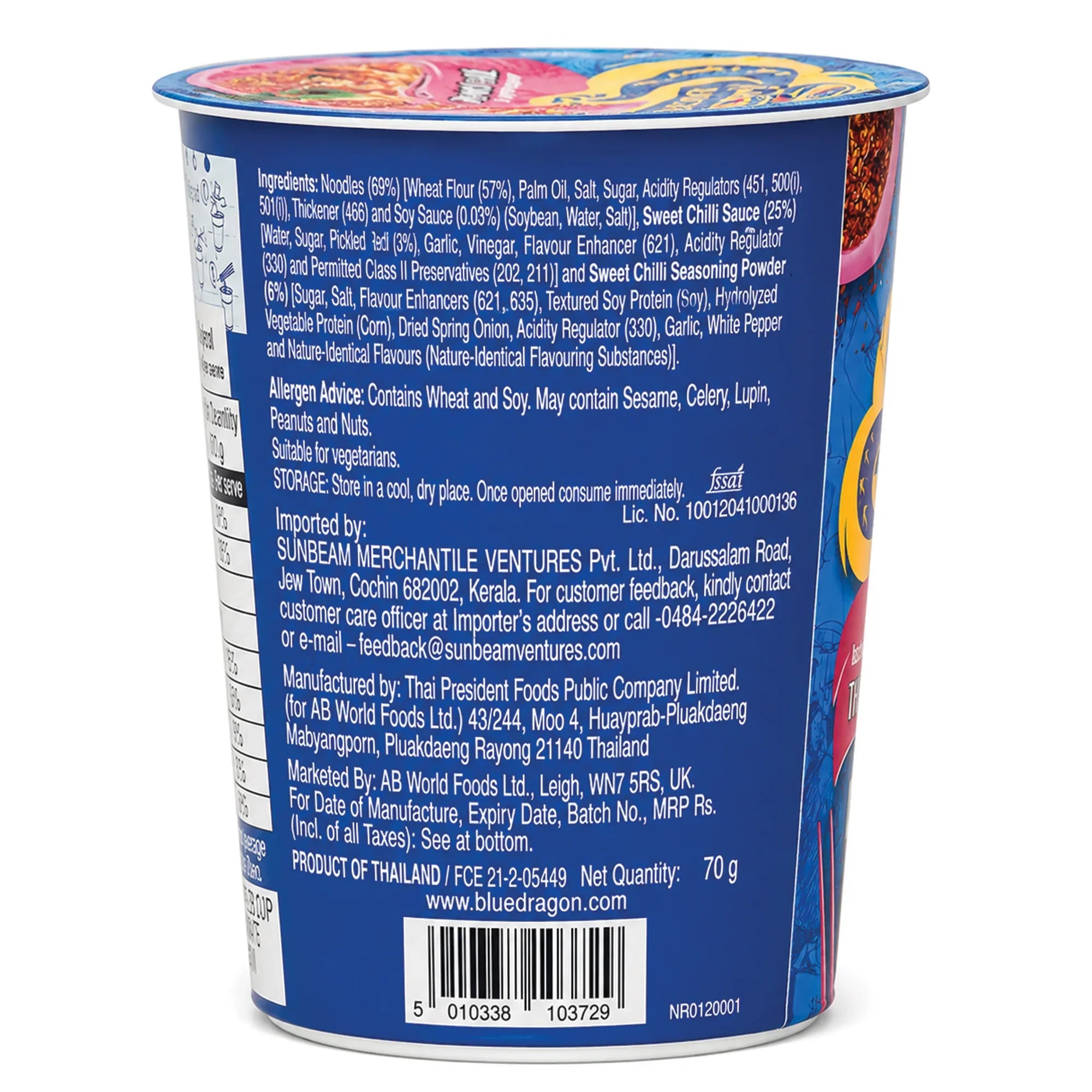 Blue Dragon Thai Sweet Chilli Noodles cup back label showing ingredients, allergens, and import details for Sunbeam Merchantile