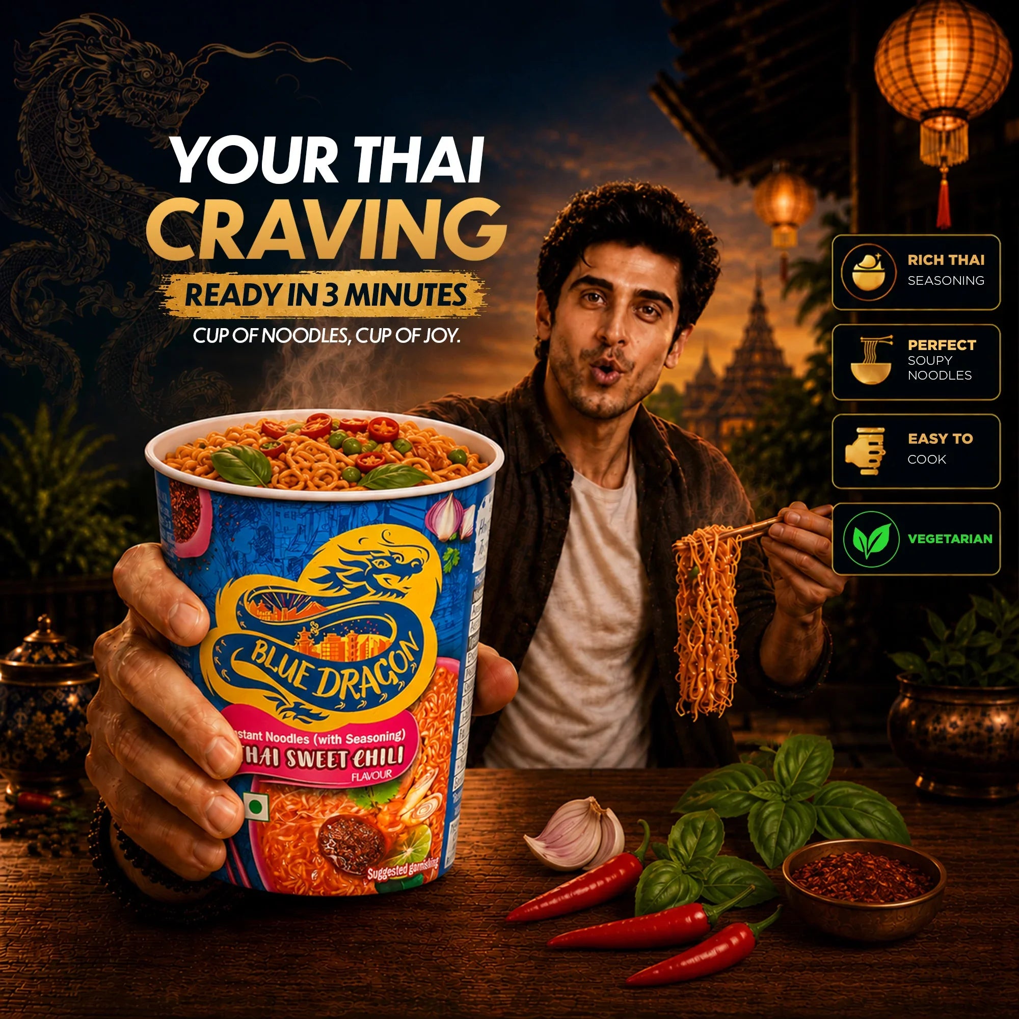 Blue Dragon Thai Sweet Chili instant noodles cup with rich seasoning, vegetarian, ready in 3 minutes