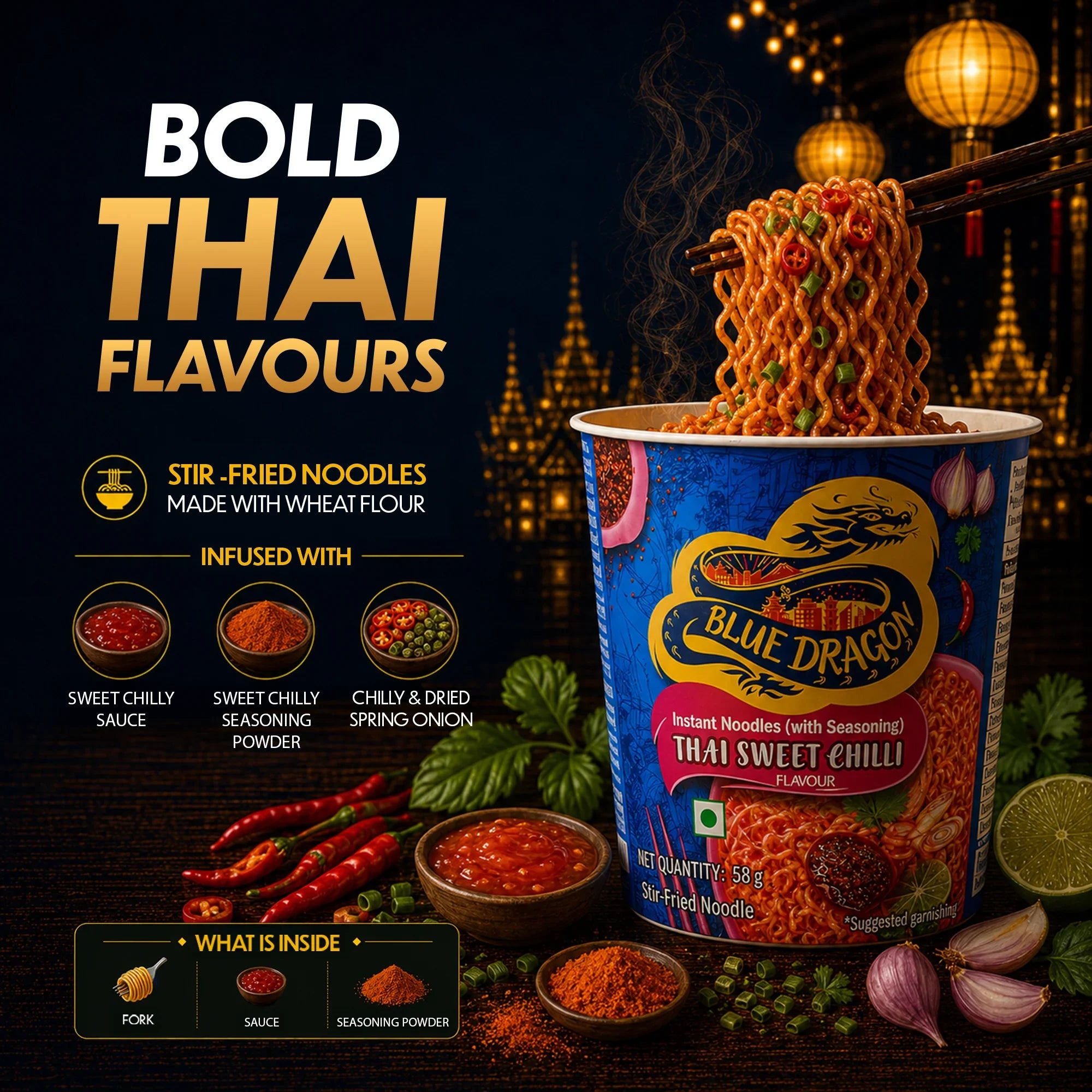 Blue Dragon Thai Sweet Chilli Instant Noodles with bold Thai flavours, stir-fried wheat noodles, sweet chili sauce & seasoning