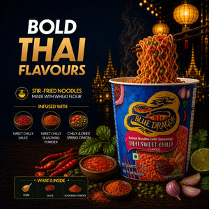 Blue Dragon Thai Sweet Chilli Instant Noodles with bold Thai flavours, stir-fried wheat noodles, sweet chili sauce & seasoning