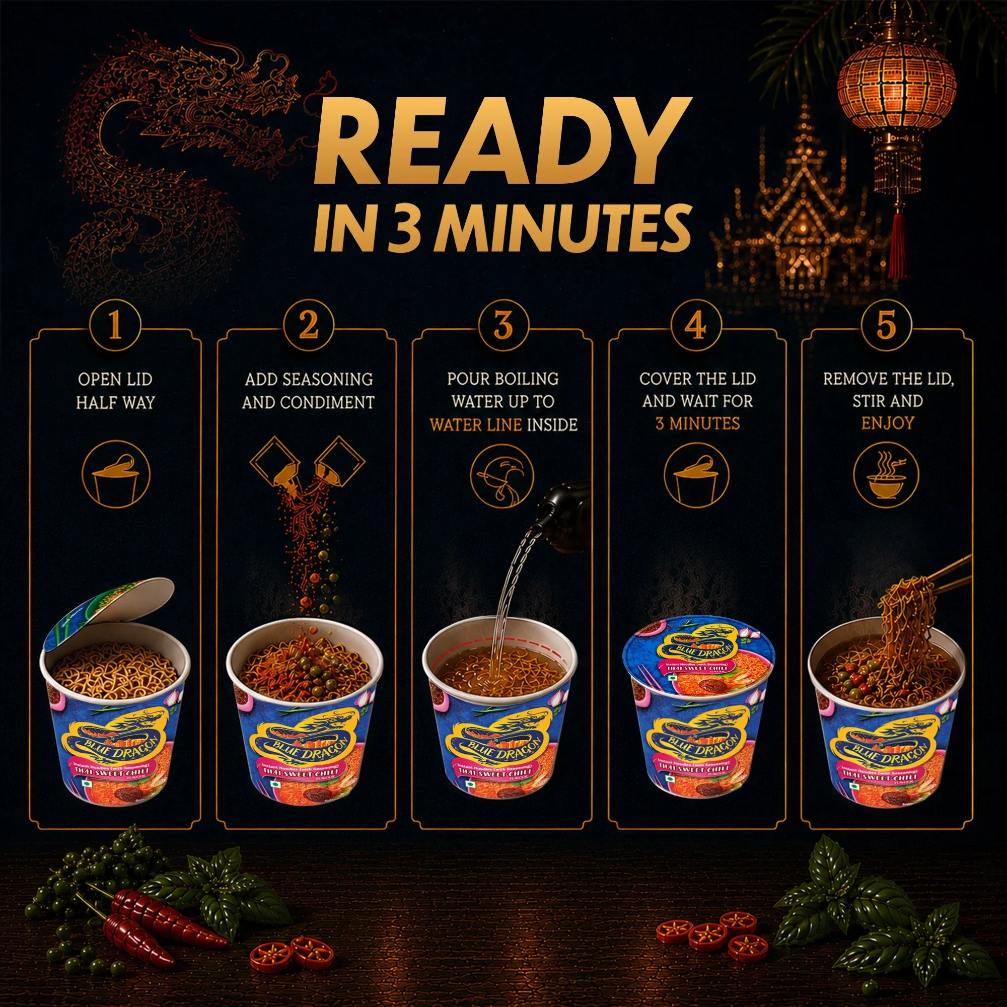 Blue Dragon Thai Sweet Chili Instant Noodles preparation steps: open, season, add water, wait 3 mins, enjoy