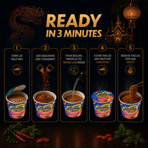 Blue Dragon Thai Sweet Chili Instant Noodles preparation steps: open, season, add water, wait 3 mins, enjoy