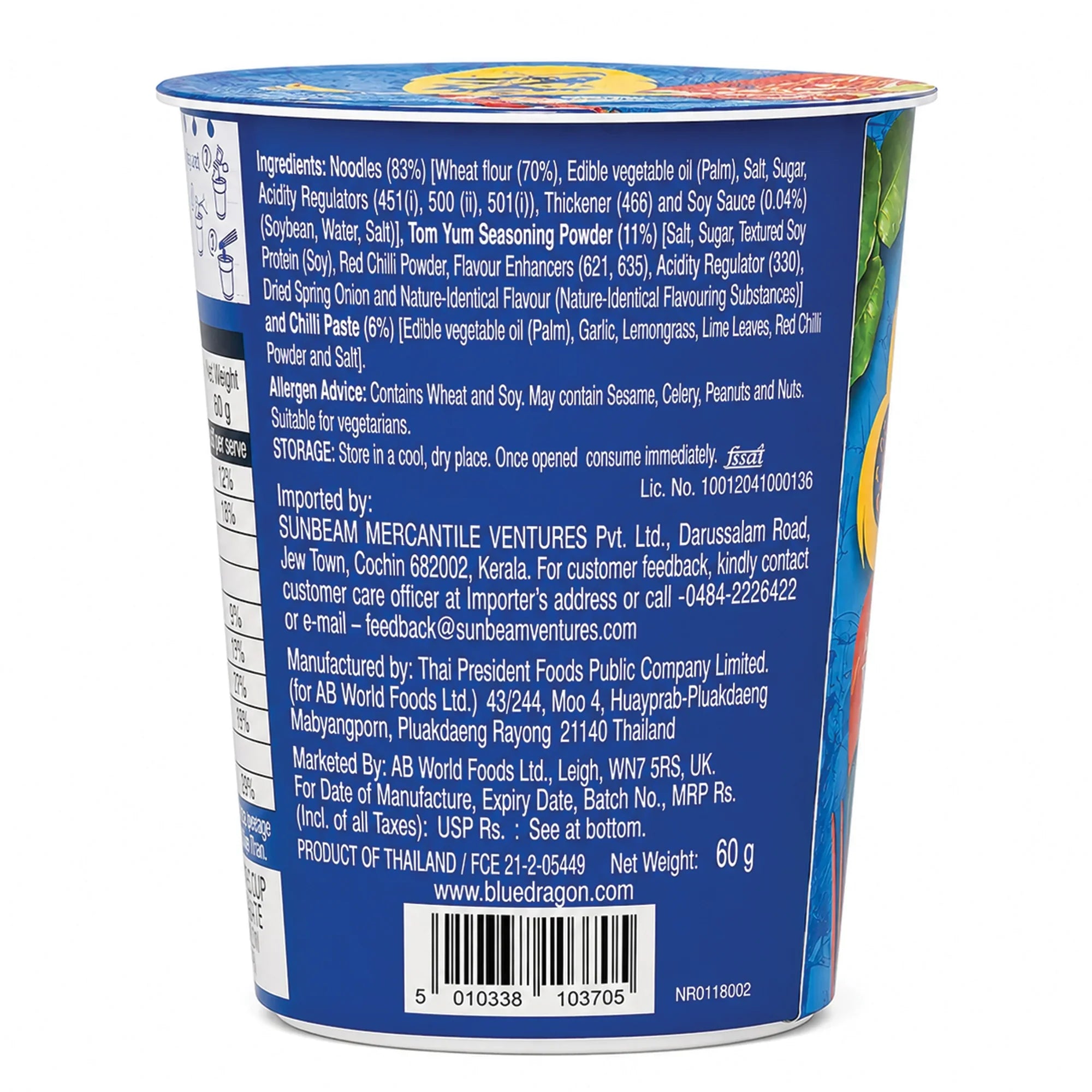 Blue Dragon Tom Yum instant noodles cup, 60g, imported from Thailand, featuring ingredients and allergen info on blue label.