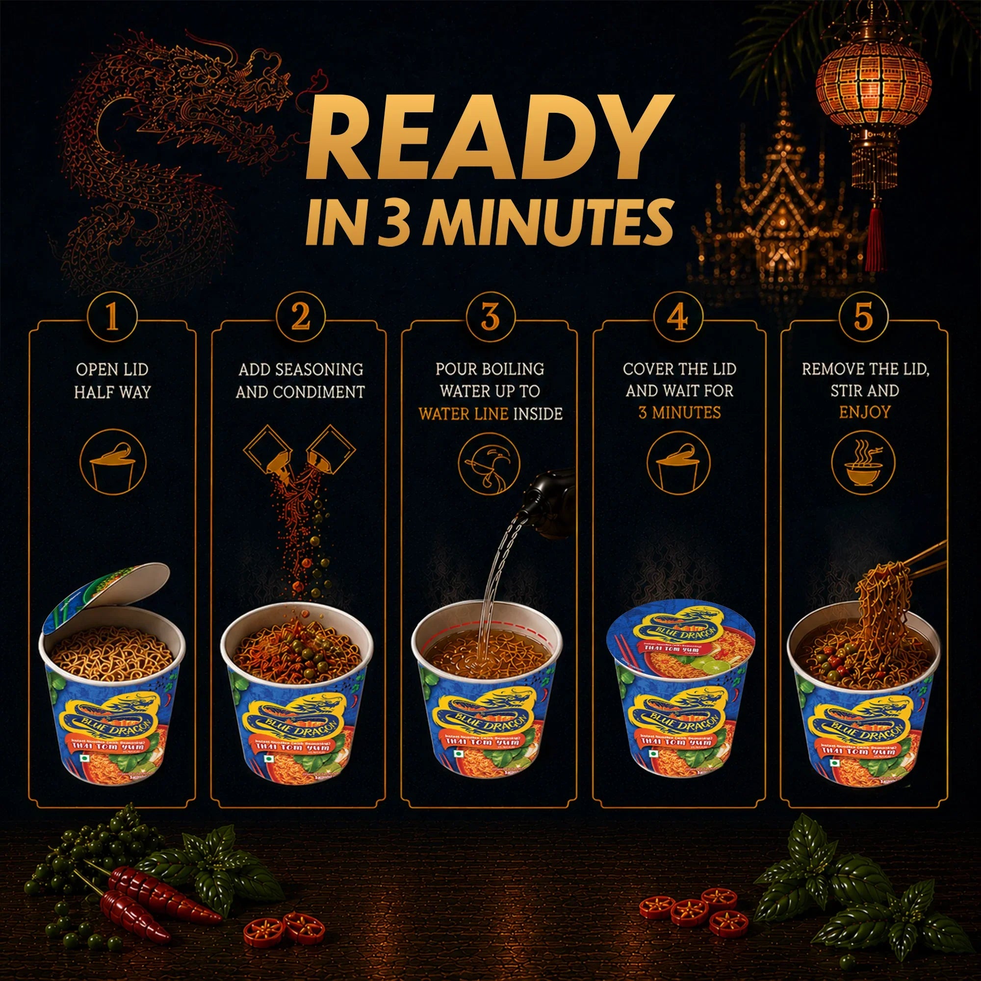 Blue Dragon Thai Tom Yum instant noodles preparation steps, ready in 3 minutes with vibrant spices and herbs.