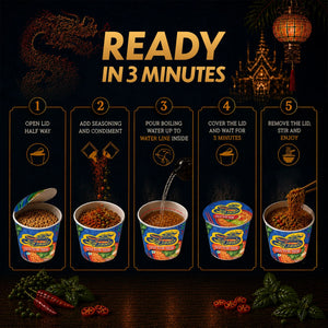 Blue Dragon Thai Tom Yum instant noodles preparation steps, ready in 3 minutes with vibrant spices and herbs.