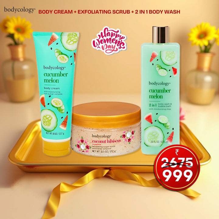 Women’s Day special Bodycology Self-Care Gift Hamper featuring Cucumber Melon Body Cream, Coconut Hibiscus Exfoliating Sugar Scrub, and Cucumber Melon 2-in-1 Body Wash & Bubble Bath, elegantly arranged with a fresh and luxurious theme.