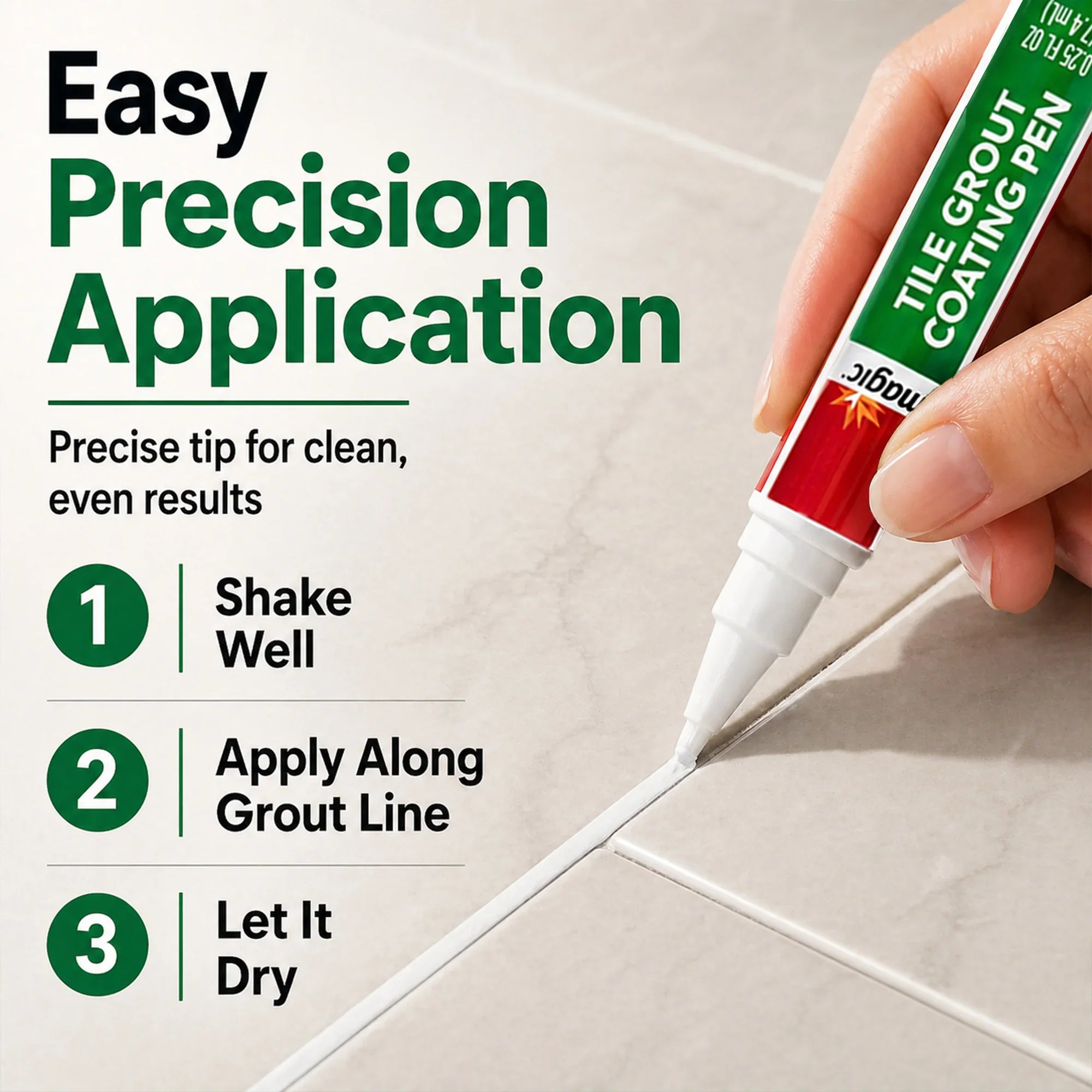 Tile grout coating pen for precise, clean application on tiled surfaces