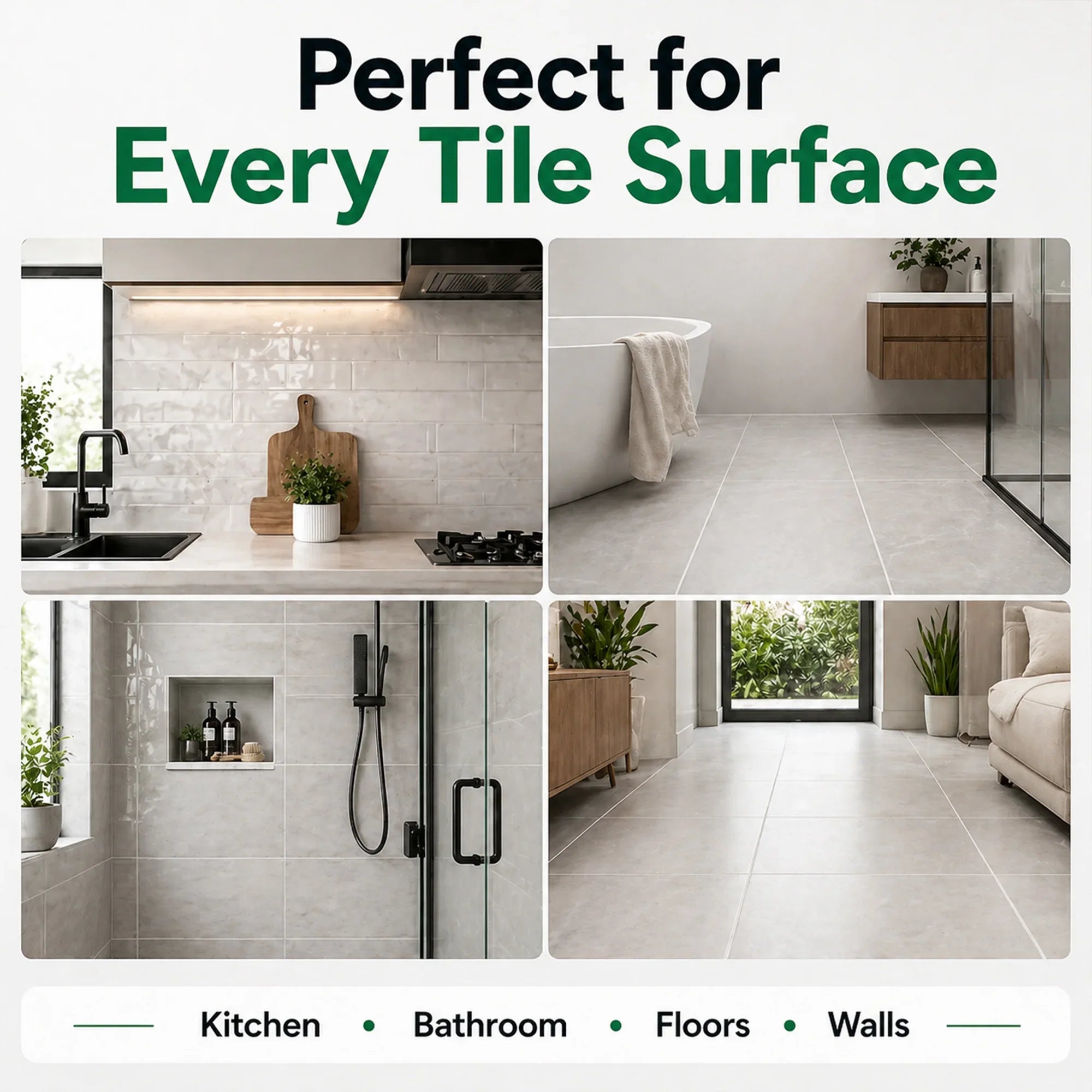 Versatile tile surfaces for kitchen, bathroom, floors, and walls with modern design