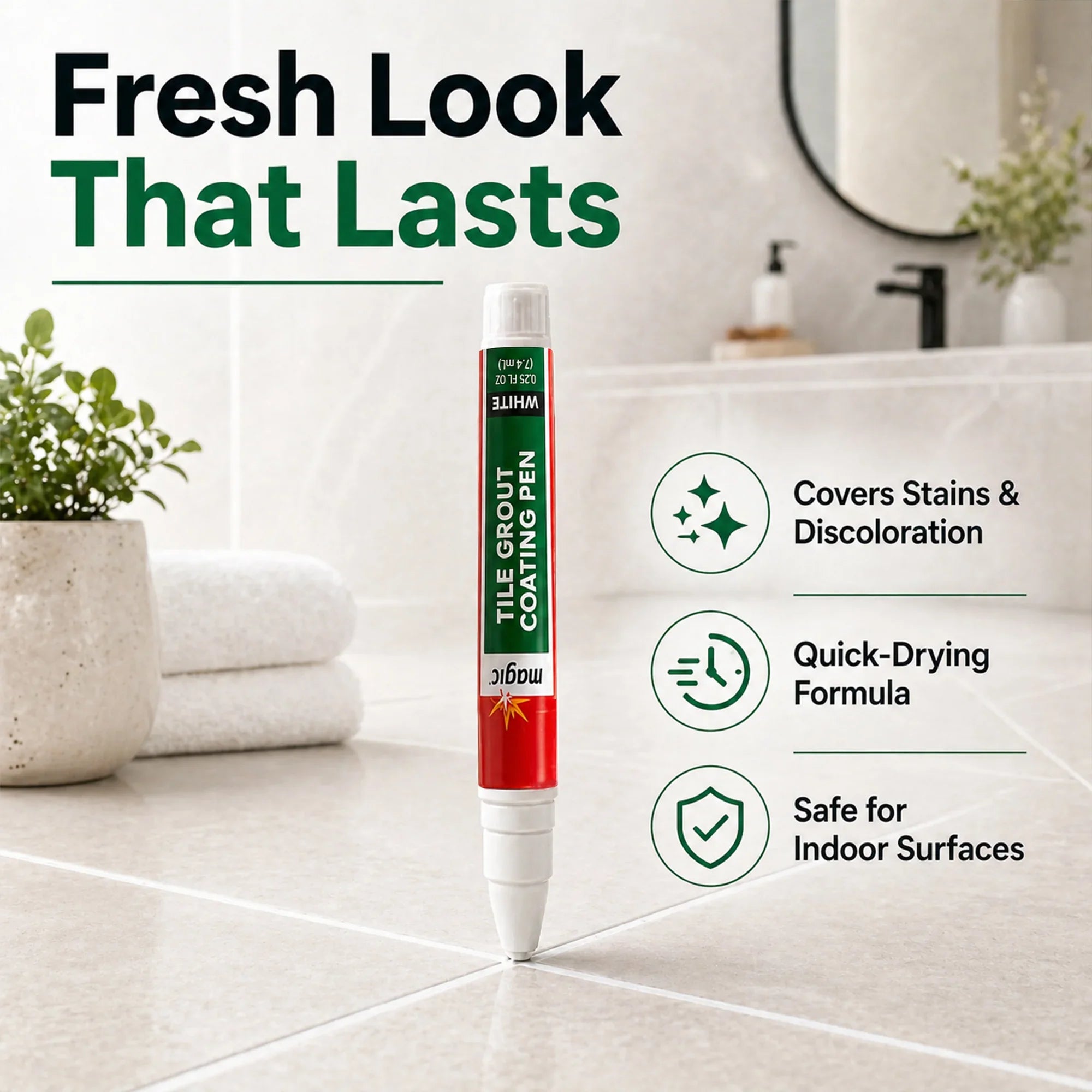 White tile grout coating pen for fresh, lasting bathroom tile look, covers stains, quick-drying, safe for indoor use