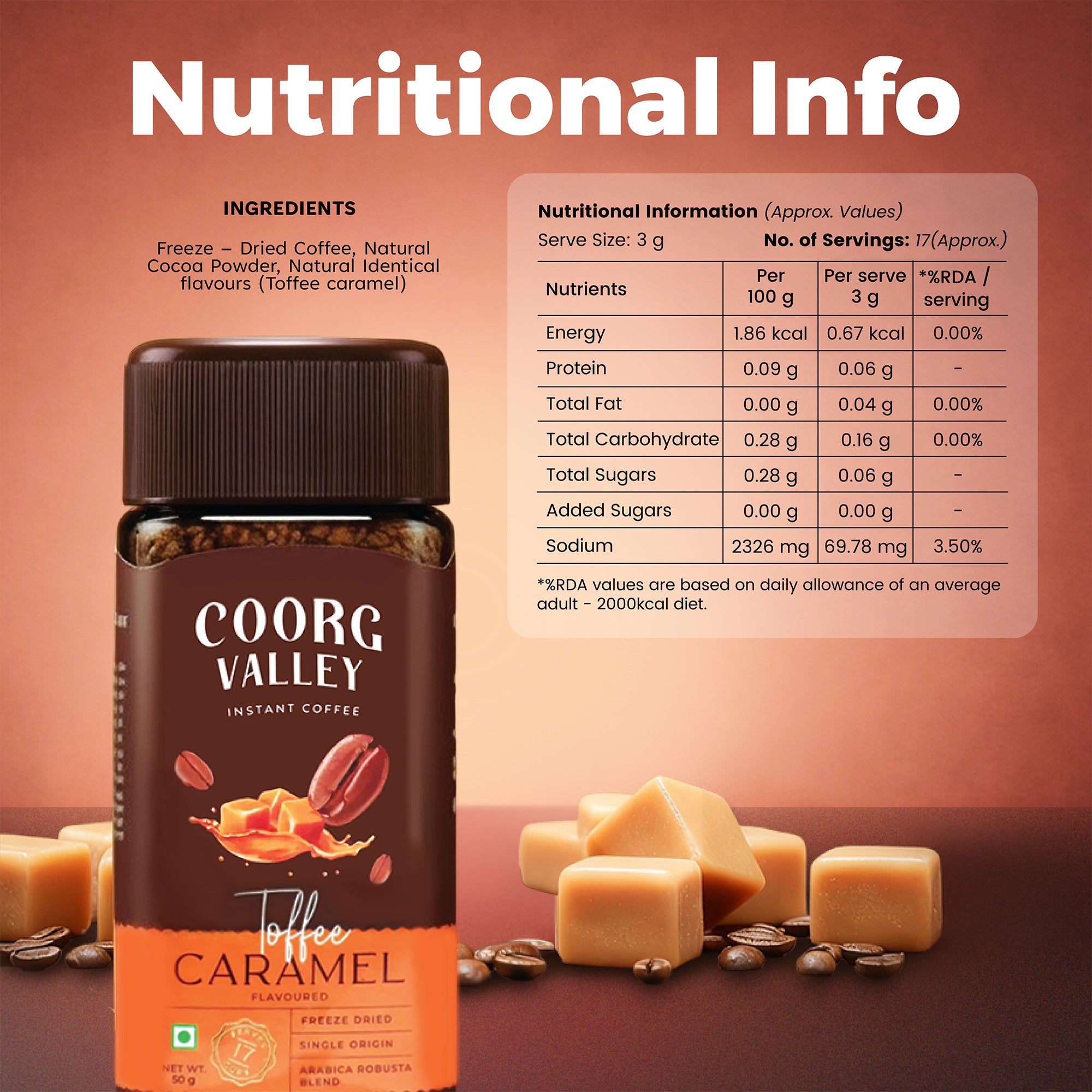 Coorg Valley Toffee Caramel Instant Coffee bottle shown on a warm brown gradient background with a nutrition facts panel and ingredient callout. The bottle is dark brown with an orange label and coffee/caramel imagery.