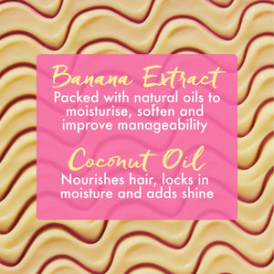 Close-up of textured hair cream background highlighting banana extract and coconut oil benefits for moisturizing and shine