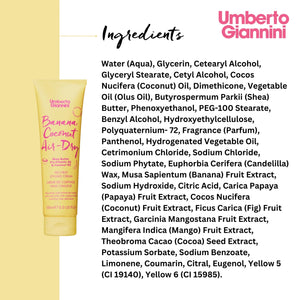 Umberto Giannini Banana Coconut Air-Dry styling cream tube with detailed ingredients list on white background