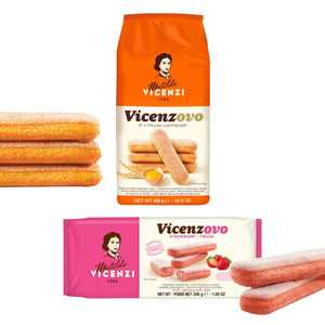 Vicenzovo Italian ladyfinger biscuits original and strawberry flavor packaging with ladyfingers.