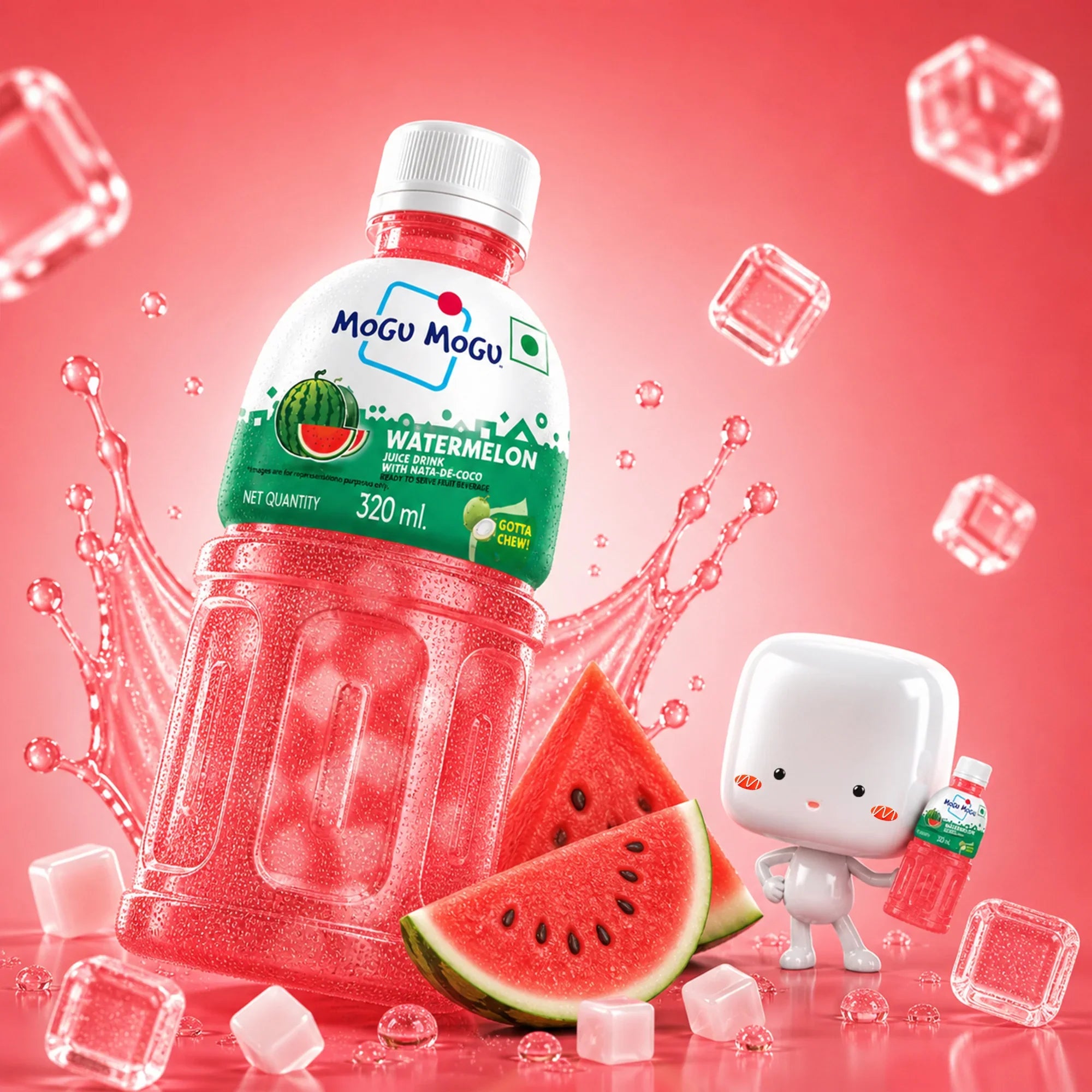 Mogu Mogu Watermelon Juice Drink with Nata-de-Coco, 320ml, surrounded by ice cubes and watermelon slices