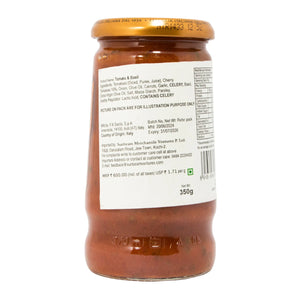 Jar of tomato-based sauce with a label on a white background