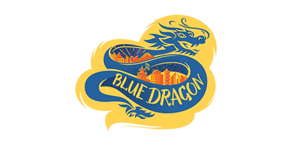 Logo of Blue Dragon with a blue dragon and cityscape design on a yellow background