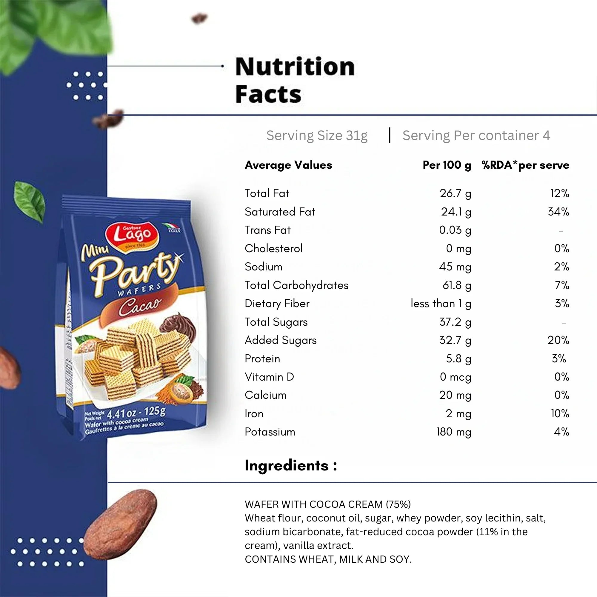 Lago Mini Party Wafers Cacao nutrition facts and ingredients with product image, cocoa beans, and leaves.