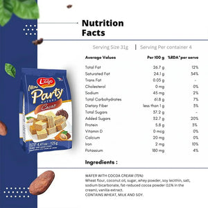 Lago Mini Party Wafers Cacao nutrition facts and ingredients with product image, cocoa beans, and leaves.