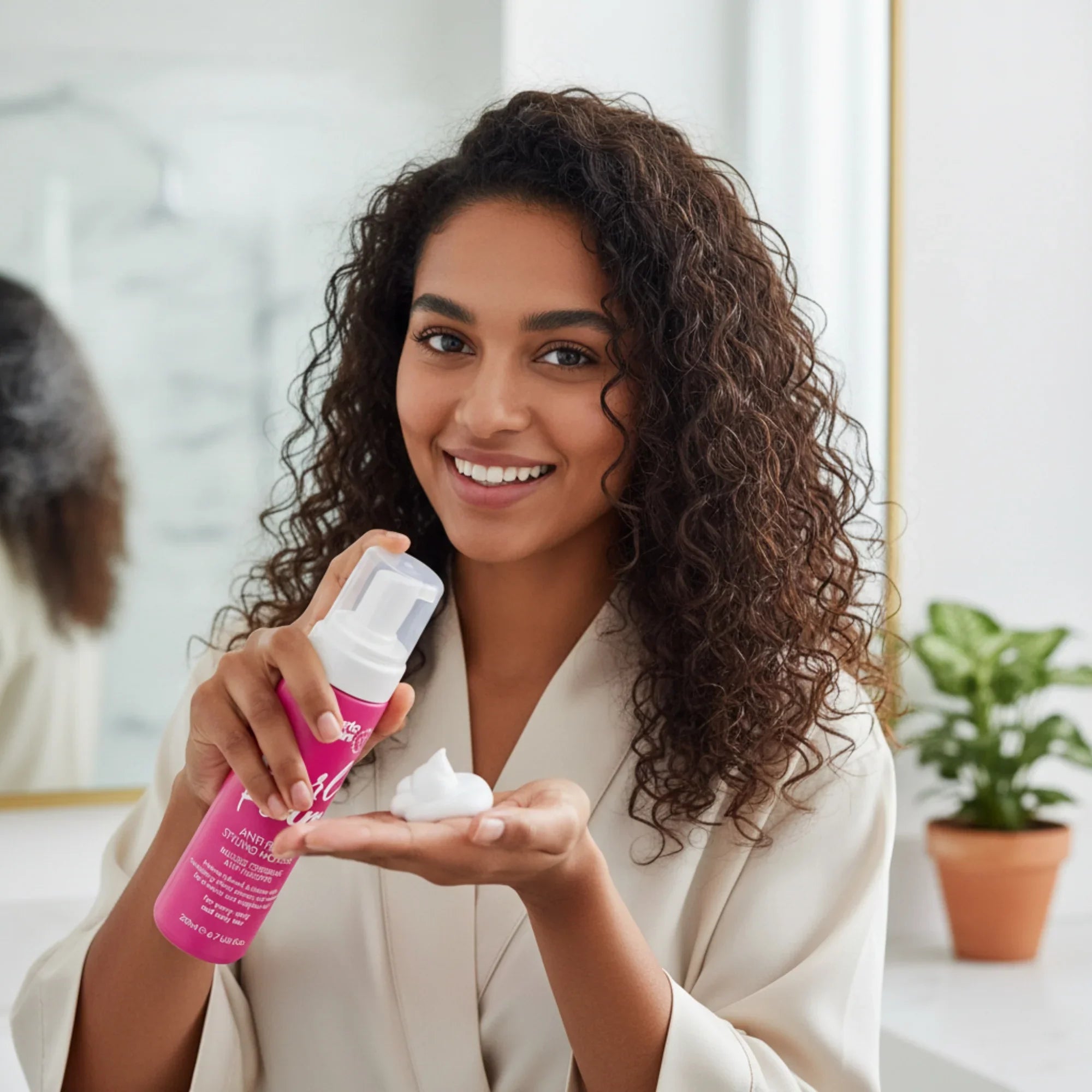 Smiling woman with curly hair applying anti-frizz styling mousse from a pink bottle in a bright bathroom