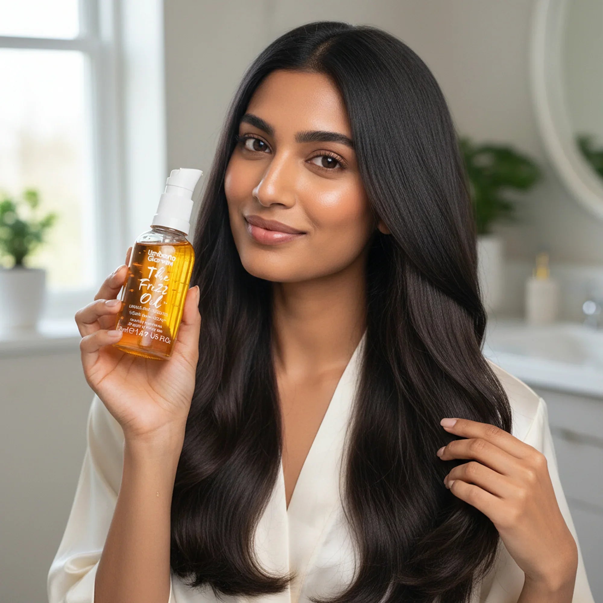 Woman with long, shiny black hair holding a bottle of Umberto Giannini The Frizz Oil in a bright bathroom