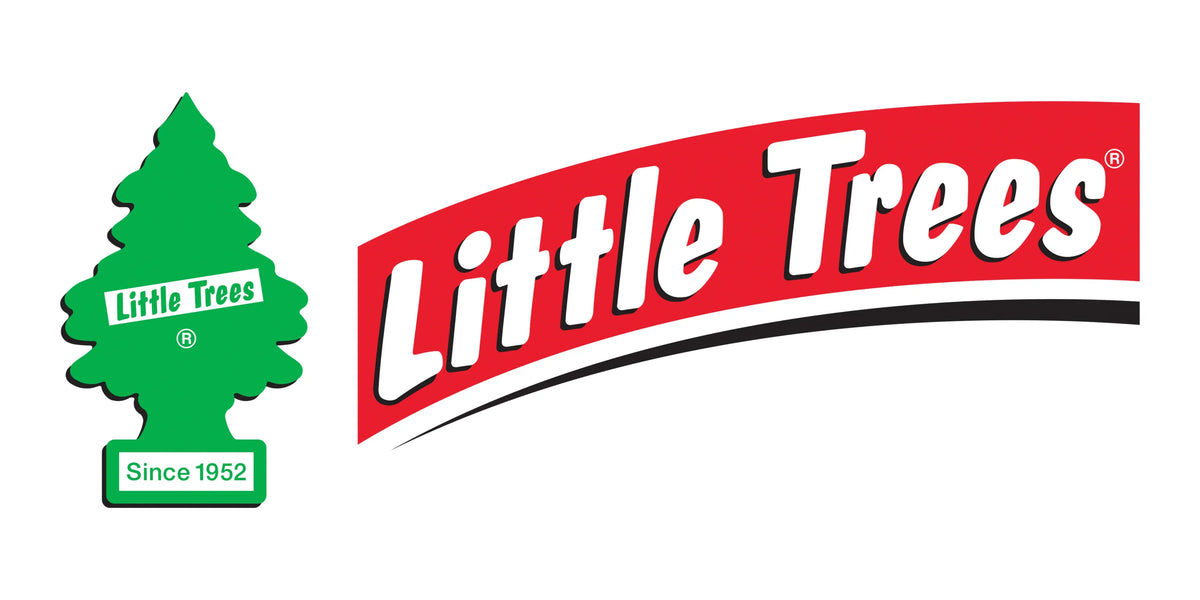 Logo of Little Trees with a green tree icon and red banner on a white background