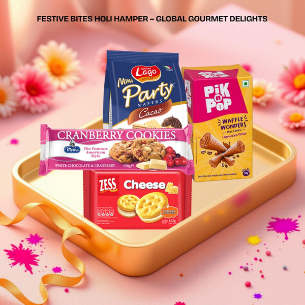 Holi special premium snack hamper collage featuring Zess Cheese Crackers, Gastone Lago Cocoa Wafers, Pik n Pop Cappuccino Mini Cones, and Merba White Chocolate & Cranberry Cookies, set against a vibrant festive backdrop with Holi colors.