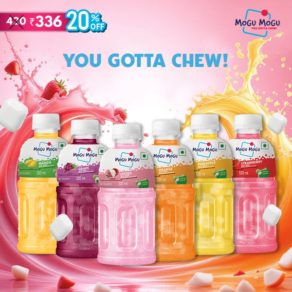 Mogu Mogu Fruit Drink Collection featuring Strawberry, Lychee, Grapes, Pineapple, Mango, and Orange flavors—refreshing juices with chewy coconut jelly for a fun and fruity experience.