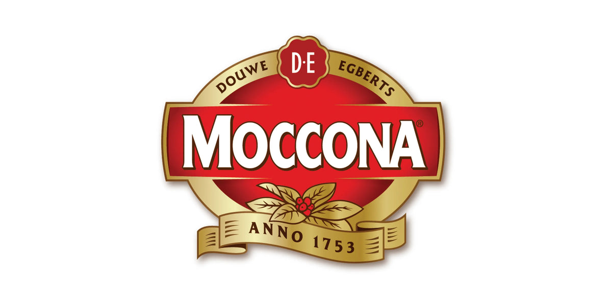 Moccona coffee logo with red and gold design on a white background