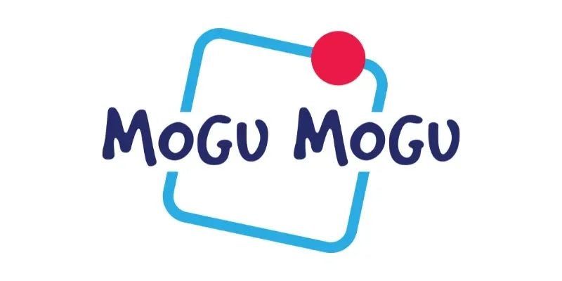 Logo of MOGU MOGU with a blue outline and red dot on a white background