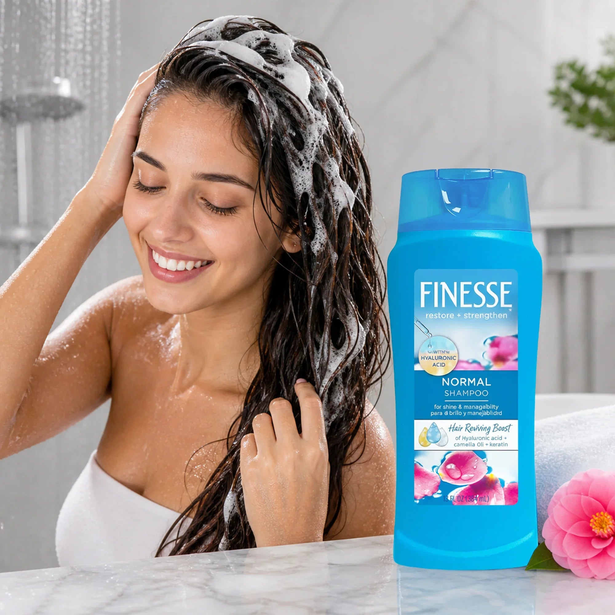 Finesse Normal Shampoo with Hyaluronic Acid for shine & manageability, shown with woman washing hair in shower