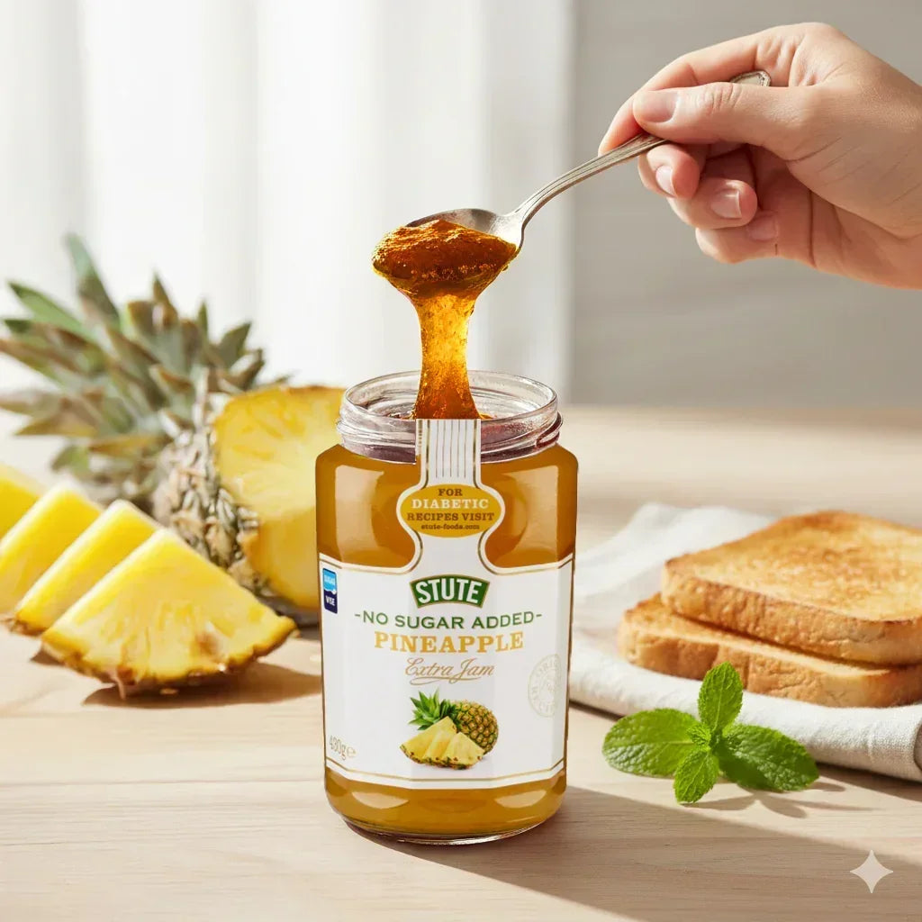 Jar of Stute no sugar added pineapple extra jam with spoonful of jam, fresh pineapple slices, toasted bread, and mint on wooden table